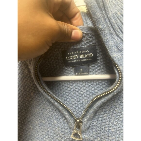 Lucky Brand Men's Small Quarter Zip Sweater Cotton Wool Blend Blue Mock Neck - Picture 2 of 5